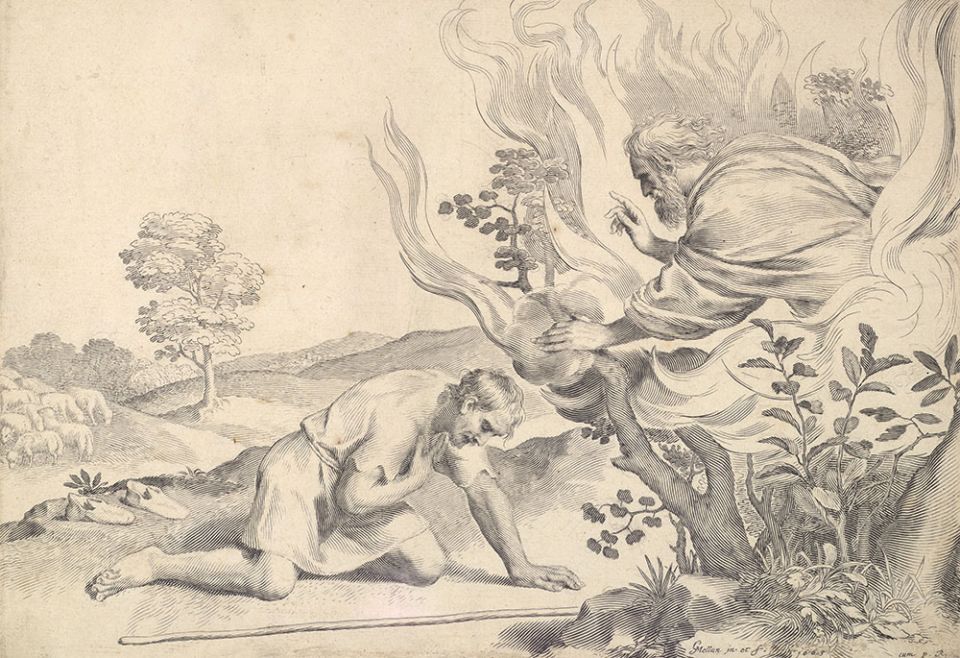 "Moses Before the Burning Bush" by Claude Mellan, a 1663 engraving (Metropolitan Museum of Art) "Moses Before the Burning Bush" by Claude Mellan, a 1663 engraving (Metropolitan Museum of Art)