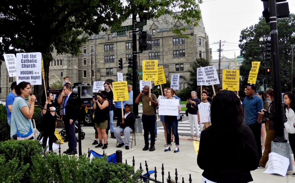 Tenants and their supporters rally outside of the Basilica of the National Shrine of the Immaculate Conception Sept. 16. (Courtesy of Justice First) Tenants and their supporters rally outside of the Basilica of the National Shrine of the Immaculate Conception Sept. 16. (Courtesy of Justice First)