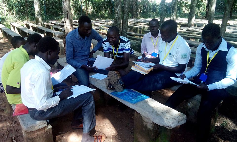 Catechists from the Palabek Refugee Settlement lead training for a small Christian community in August 2019. (Courtesy of Lazar Arasu) Catechists from the Palabek Refugee Settlement lead training for a small Christian community in August 2019. (Courtesy of Lazar Arasu)