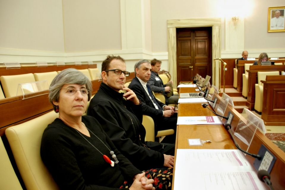 Manuela Veloso, left, head of the Machine Learning Department at Carnegie Mellon, listens during a workshop titled "Power and Limitations to Artificial Intelligence" held at the Pontifical Academy of Sciences Nov. 30-Dec. 1, 2016.