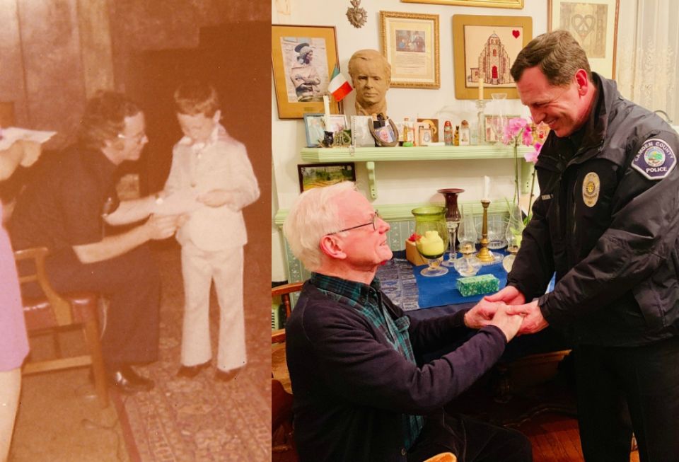 Msgr. Michael Doyle, the longtime pastor of Sacred Heart Church in Camden, and Scott Thomson at (left) Thomson's kindergarten graduation at the parish school, and (right) reenacting the photo 40 years later. (Provided photos)