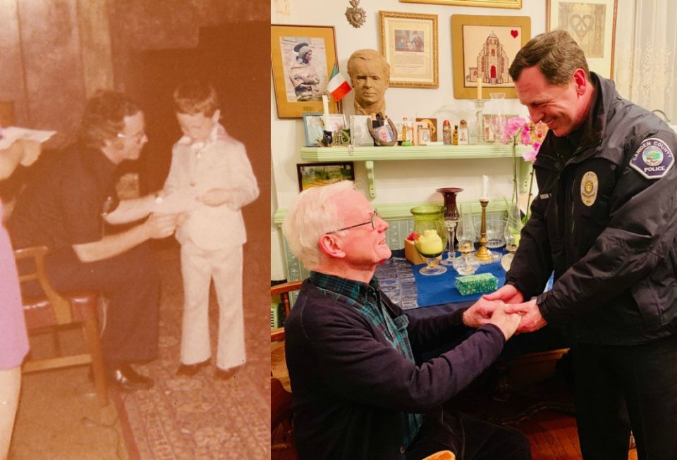 Msgr. Michael Doyle, the longtime pastor of Sacred Heart Church in Camden, and Scott Thomson at (left) Thomson's kindergarten graduation at the parish school, and (right) reenacting the photo 40 years later. (Provided photos) Msgr. Michael Doyle, the longtime pastor of Sacred Heart Church in Camden, and Scott Thomson at (left) Thomson's kindergarten graduation at the parish school, and (right) reenacting the photo 40 years later. (Provided photos)