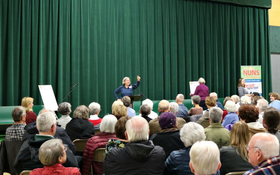 Social Service Sr. Simone Campbell speaks at the Oct. 19, 2019, Nuns on the Bus town hall in East Lansing, Michigan. (Network/Colleen Ross) Social Service Sr. Simone Campbell speaks at the Oct. 19, 2019, Nuns on the Bus town hall in East Lansing, Michigan. (Network/Colleen Ross)