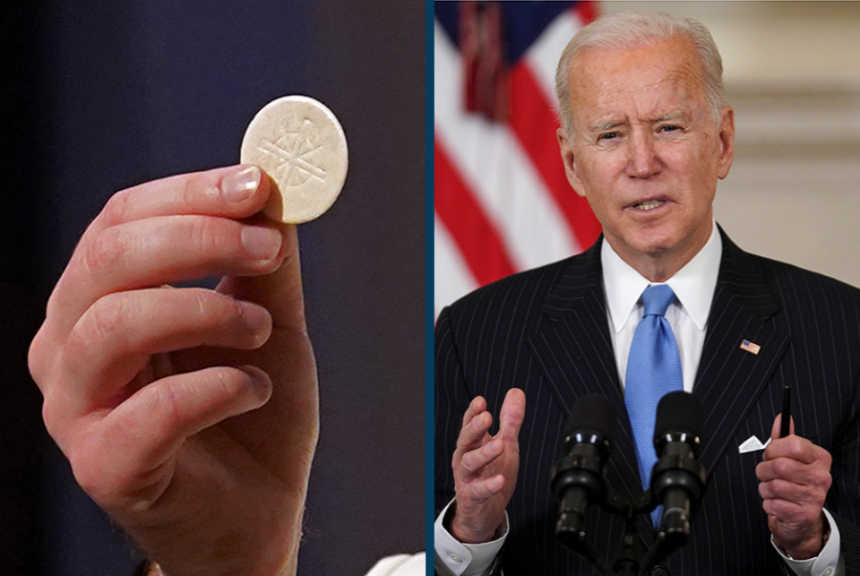 From left: A priest gives the Eucharist in a 2020 file photo; President Joe Biden speaks at the White House March 2 in Washington. (CNS photos/Gregory A. Shemitz; Kevin Lamarque, Reuters)