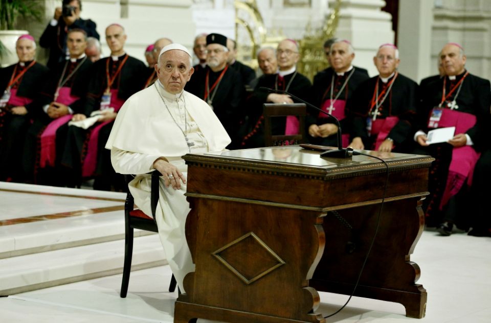 Pope Francis leads a meeting with priests, seminarians and religious at the cathedral in Palermo, Sicily, Sept. 15. (CNS/Paul Haring) Pope Francis leads a meeting with priests, seminarians and religious at the cathedral in Palermo, Sicily, Sept. 15. (CNS/Paul Haring)