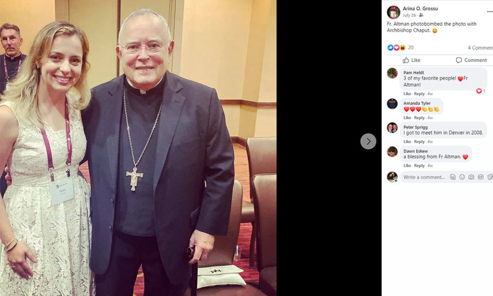 Fr. James Altman appears in the background of a photo Fr. James Altman appears in the background of a photo as Philadelphia Archbishop Charles Chaput posed with Arina Grossu, one of the organizers of the Jericho March. Grossu posted the photo on Facebook July 26. (NCR screenshot/Facebook)