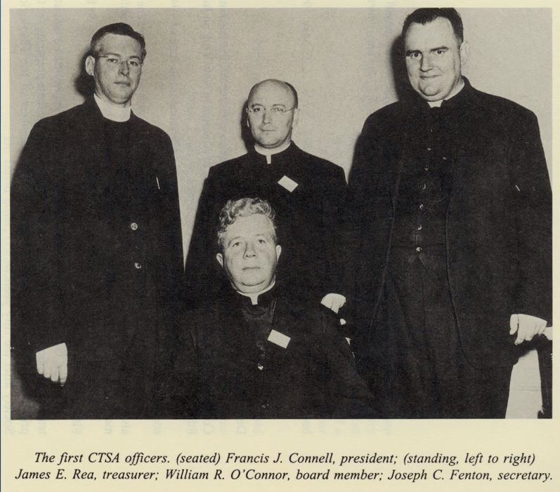 Catholic Theological Society of America's first officers are pictured in a photo; from left, standing, are James E. Rea; William R. O'Connor; and Joseph C. Fenton; Francis J. Connell is seated. (Courtesy of CTSA) Catholic Theological Society of America's first officers are pictured in a photo; from left, standing, are James E. Rea; William R. O'Connor; and Joseph C. Fenton; Francis J. Connell is seated. (Courtesy of CTSA)