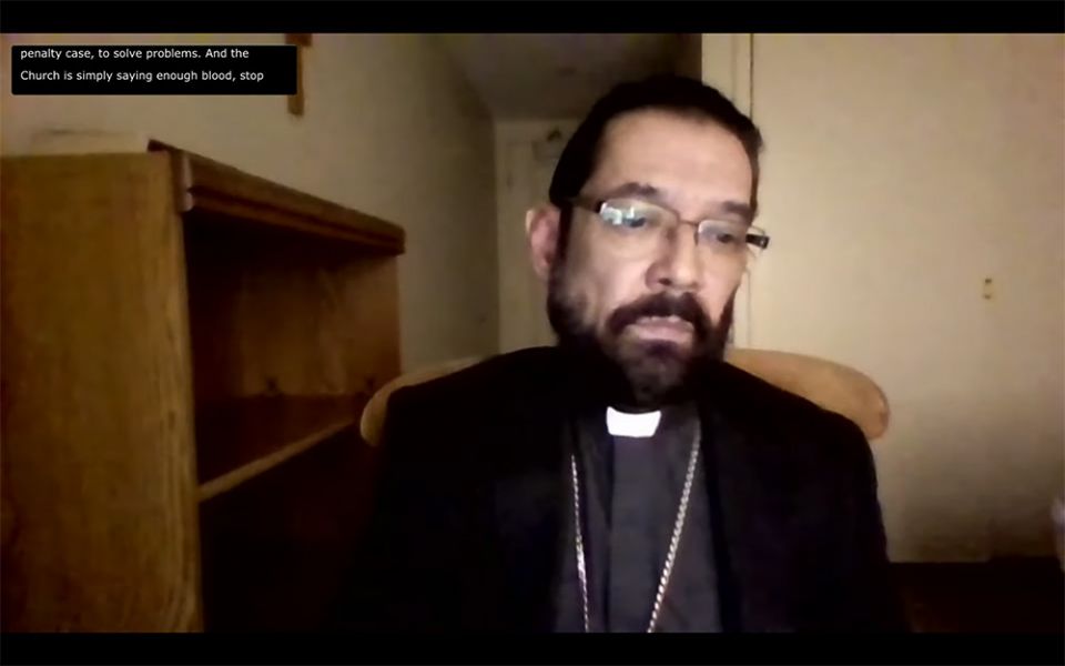 Bishop Daniel Flores of Brownsville, Texas, speaks during a Jan. 8 online panel discussion on ending the death penalty, hosted by the Georgetown University Initiative on Catholic Social Thought and Public Life. (NCR screenshot)