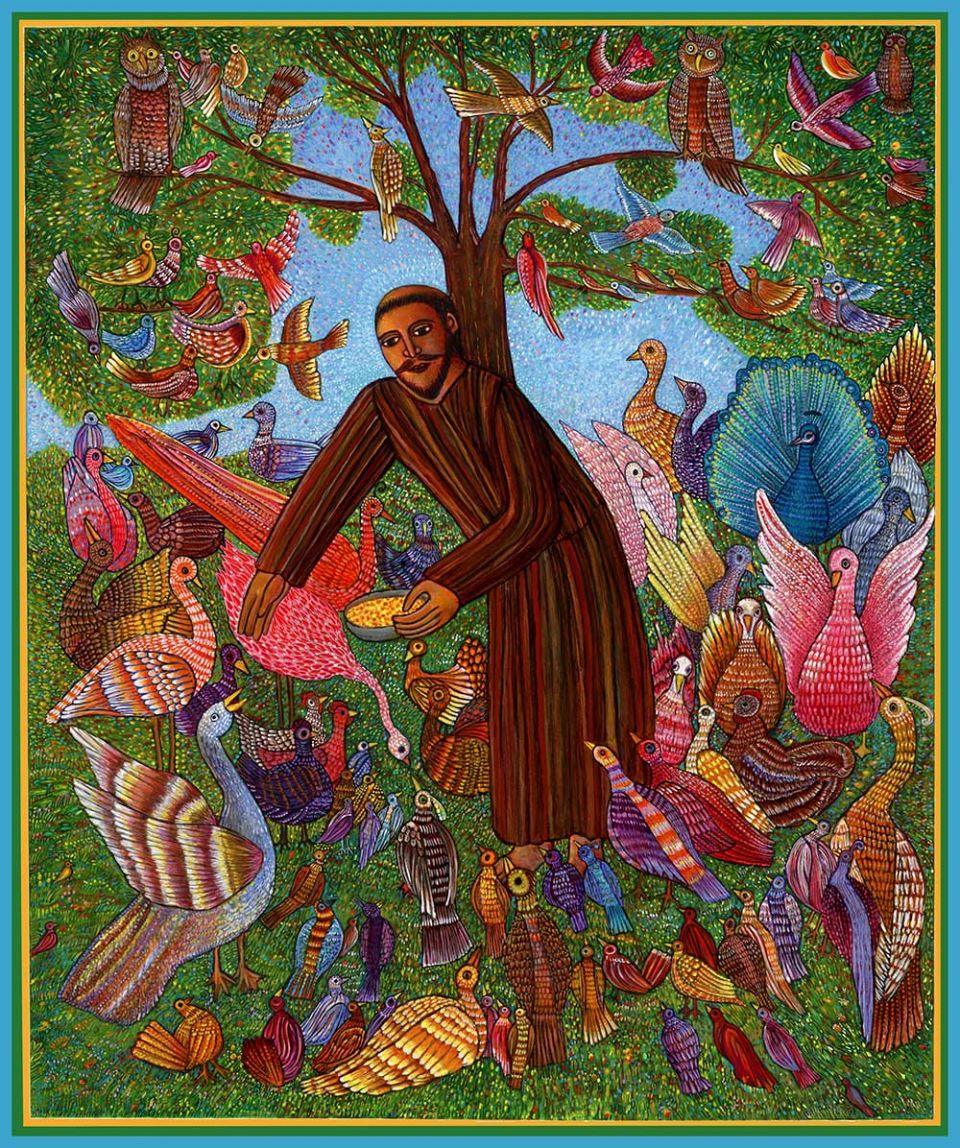 "Francis and the Birds," ©2015, by John August Swanson (Courtesy of the Studio of John August Swanson, www.JohnAugustSwanson.com)