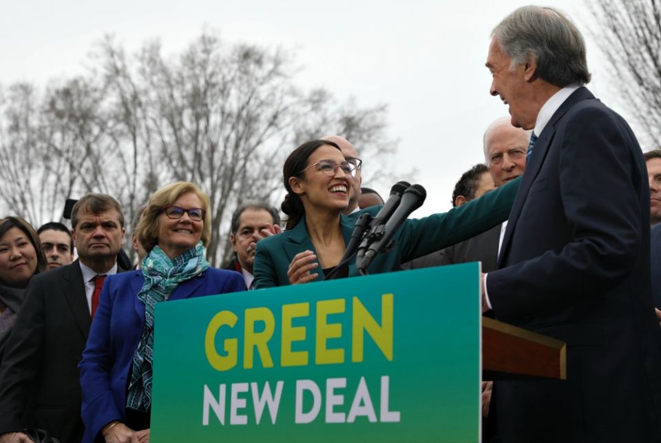 New York Rep. Alexandria Ocasio-Cortez and Massachusetts Sen. Ed Markey lead a press conference to unveil the Green New Deal in Washington, D.C., Feb. 7. (Flickr/Senate Democrats) New York Rep. Alexandria Ocasio-Cortez and Massachusetts Sen. Ed Markey lead a press conference to unveil the Green New Deal in Washington, D.C., Feb. 7. (Flickr/Senate Democrats)
