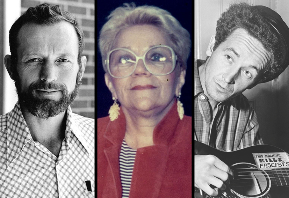 From left: Blessed Stanley Rother; Helen Marie Janning Guthrie; and Woody Guthrie (CNS/Charlene Scott; Courtesy of Larry Guthrie; Wikimedia Commons/Al Aumuller/New York World-Telegram and the Sun)