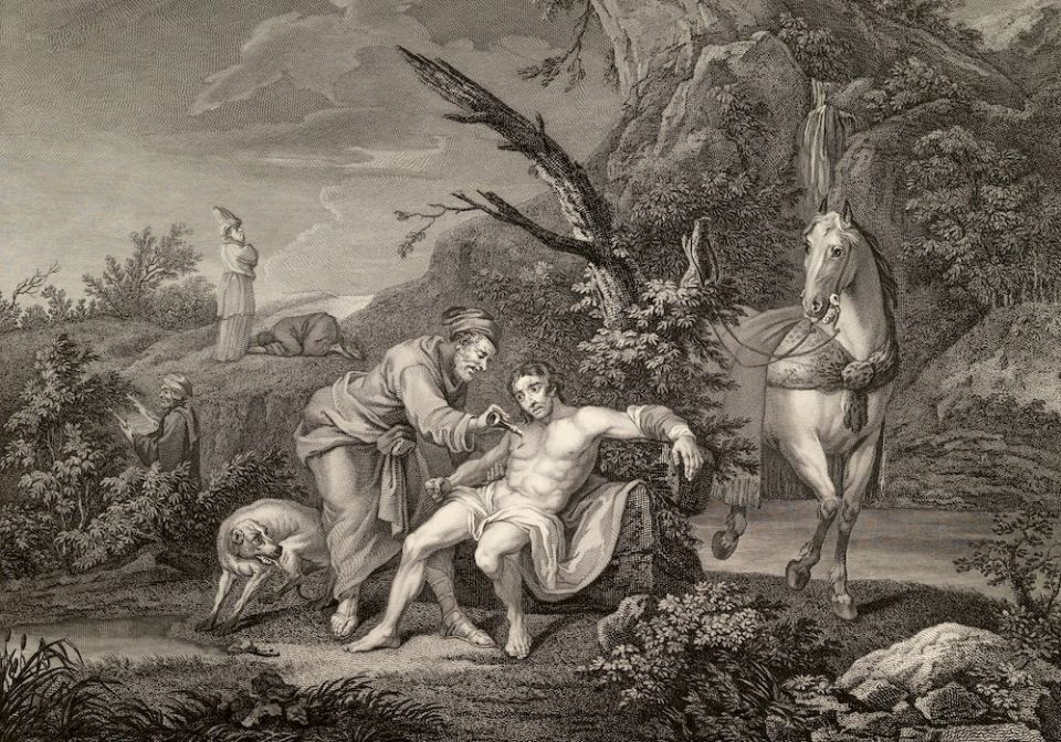 Detail of engraving "The Good Samaritan (St. Luke, Ch. 10, ver. 30)" by Jean Marie Delattre, engraved by Simon Francis Ravenet, published by John Boydell, Feb. 24, 1772 (Metropolitan Museum of Art, Harris Brisbane Dick Fund, 1932) Detail of engraving "The Good Samaritan (St. Luke, Ch. 10, ver. 30)" by Jean Marie Delattre, engraved by Simon Francis Ravenet, published by John Boydell, Feb. 24, 1772 (Metropolitan Museum of Art, Harris Brisbane Dick Fund, 1932)
