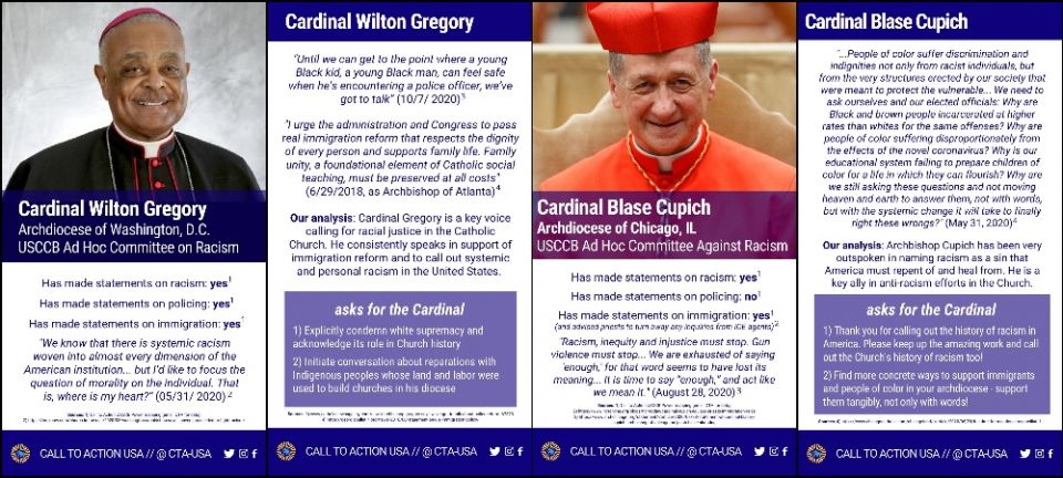 Call to Action's anti-racism scorecards for Cardinals Wilton Gregory of Washington and Blase Cupich of Chicago (Call to Action)