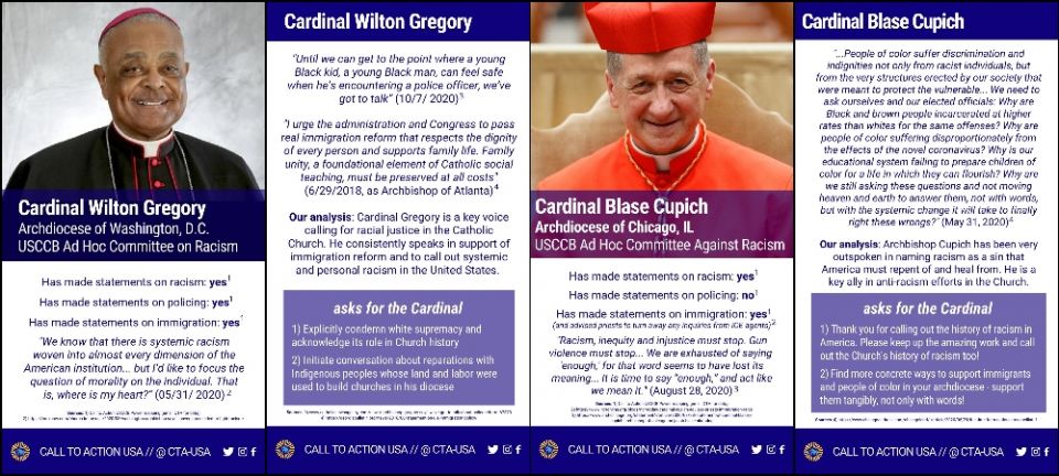 Call to Action's anti-racism scorecards for Cardinals Wilton Gregory of Washington and Blase Cupich of Chicago (Call to Action) Call to Action's anti-racism scorecards for Cardinals Wilton Gregory of Washington and Blase Cupich of Chicago (Call to Action)