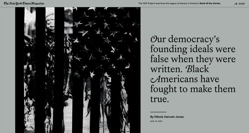 Nikole Hannah-Jones' essay for "The 1619 Project" is seen on The New York Times Magazine website. (NCR screenshot)