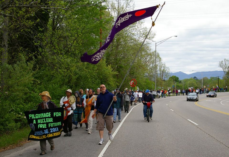 A group of peace activists, including Presentation Sr. Mary Dennis Lenstch, march to the Y-12 National Security Complex near Oak Ridge, Tennessee, for a witness in April 2011. (NCR photo/Joshua J. McElwee)