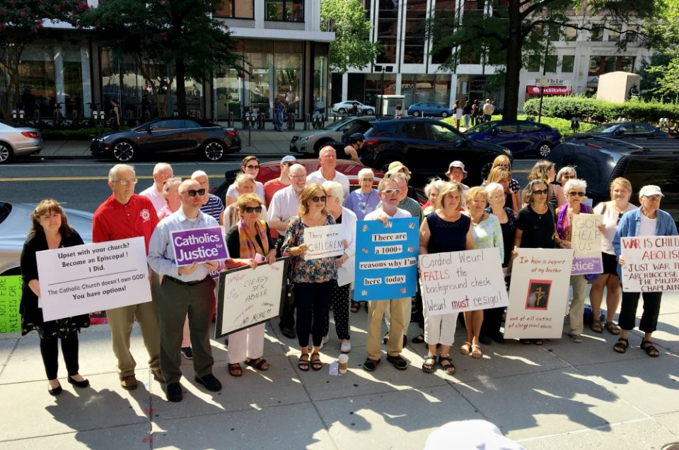 Protesters, including survivors of clergy sex abuse, stand outside the Cathedral of St. Matthew the Apostle in Washington, D.C., Aug. 26. (Julie Bourbon) Protesters, including survivors of clergy sex abuse, stand outside the Cathedral of St. Matthew the Apostle in Washington, D.C., Aug. 26. (Julie Bourbon)