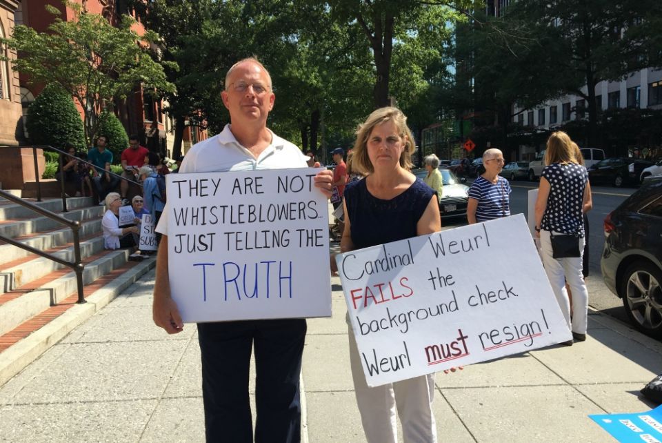 Dave Lorenz and his wife, Judy, attend the Aug. 26 protest outside the Cathedral of St. Matthew the Apostle in Washington, D.C., where he spoke about the abuse he suffered as a teenager in Kentucky at the hands of a priest. (Julie Bourbon)