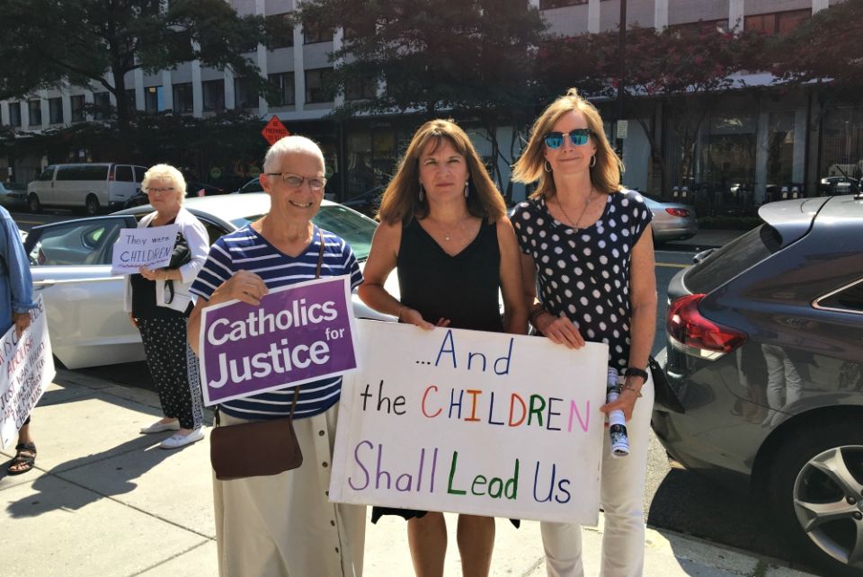 Marie Dennis, Maureen Roden and Sandy Greene outside the Cathedral of St. Matthew the Apostle in Washington, D.C., Aug. 26 (Julie Bourbon)