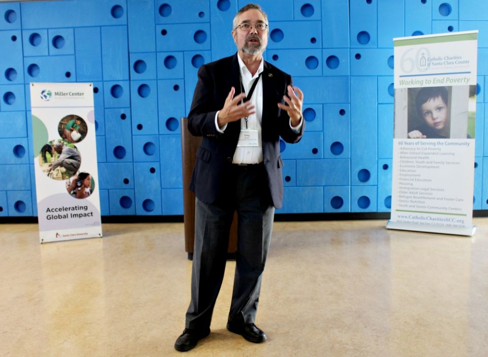 Gregory Kepferle, CEO of Catholic Charities of Santa Clara County, gives a speech before the final presentations at the San Francisco Bay Area GSBI Boost in San Jose, California. (Heather Adams) Gregory Kepferle, CEO of Catholic Charities of Santa Clara County, gives a speech before the final presentations at the San Francisco Bay Area GSBI Boost in San Jose, California. (Heather Adams)
