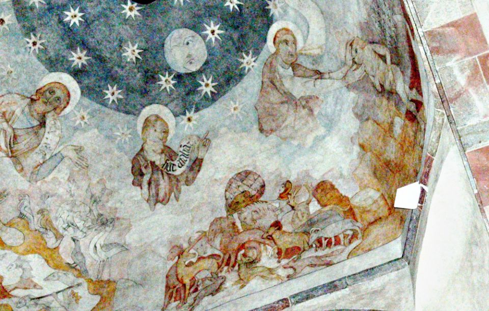God creates the animals and Adam, depicted in a 13th-century fresco at Innichen Abbey, South Tyrol, Italy. (Wikimedia Commons/Wolfgang Sauber)