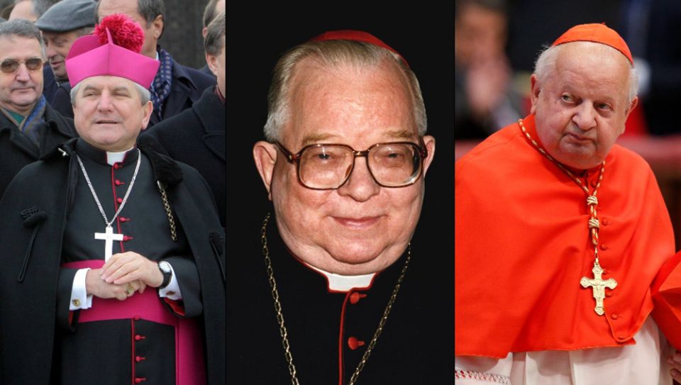 From left: Bishop Edward Janiak (CNS/Agencja Gazeta via Reuters/Mieczyslaw Michalak); Cardinal Henryk Gulbinowicz (CNS/Catholic Press Photo); Cardinal Stanislaw Dziwisz (CNS/Paul Haring)