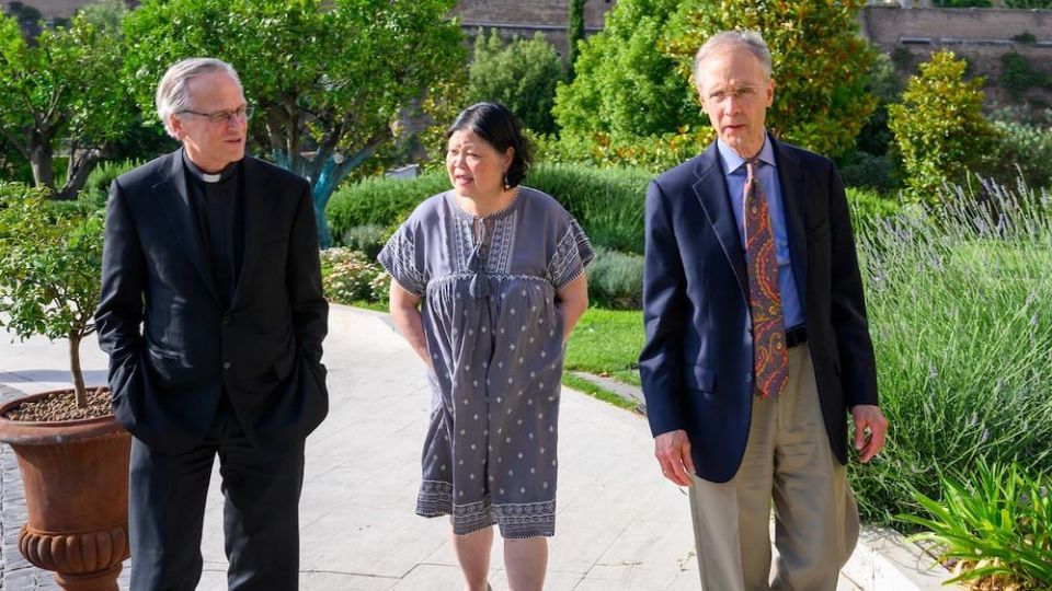 From left: Holy Cross Fr. John Jenkins, Carolyn Woo and Leo Burke in Rome for the June 2019 meeting with fossil fuel executives (University of Notre Dame/Matt Cashore)