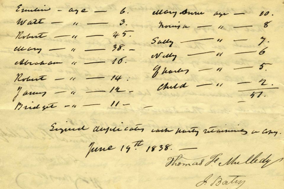 This image made available by the Maryland Province of the Society of Jesus shows a portion of an 1838 document listing 272 enslaved men, women and children who were sold by the Jesuit owners of Georgetown University to plantation owners in Louisiana. (AP)