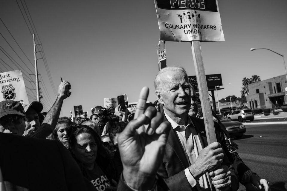 Vice President Joe Biden marches with a sign in a Culinary Union protest in Las Vegas ahead of the Nevada caucuses, Feb. 19. (Courtesy of Bear Guerra and Quiet Pictures)