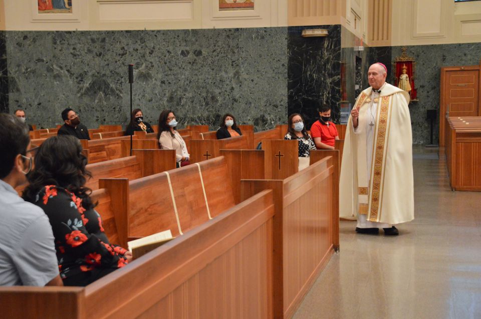 Bishop Richard Pates, the current apostolic administrator for the Diocese of Joliet, Illinois, speaks to the 24 chosen participants for the first cohort of the Latino Pastoral Leaders Initiative at a Sept. 15 prayer service in Joliet's St. Raymond Nonnatu Bishop Richard Pates, the current apostolic administrator for the Diocese of Joliet, Illinois, speaks to the 24 chosen participants for the first cohort of the Latino Pastoral Leaders Initiative at a Sept. 15 prayer service in Joliet's St. Raymond Nonnatu