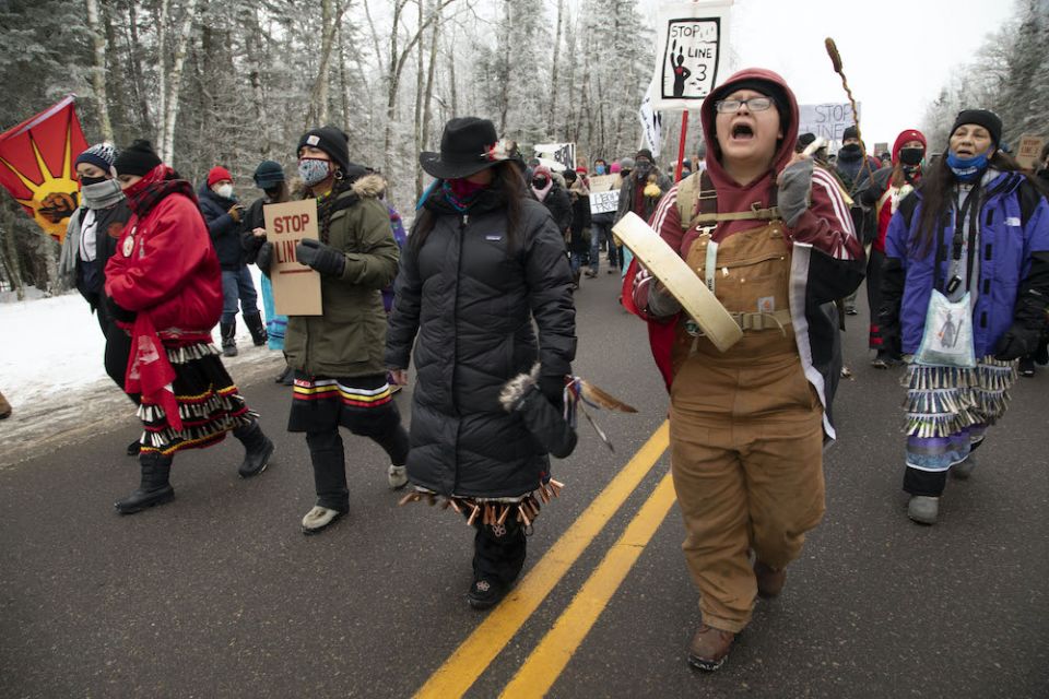 Indigenous water protectors protest construction of the Enbridge Line 3 pipeline near Haypoint, Minnesota, Jan. 9, 2021. (© Keri Pickett) Indigenous water protectors protest construction of the Enbridge Line 3 pipeline near Palisade, Minnesota, Jan. 9, 2021. (© Keri Pickett)