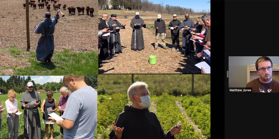 Matthew Jones, Little Portion Farm's farm and outreach coordinator, speaks during a webinar June 23, telling participants about the Conventual Franciscan friars' farm, which raises organic crops for a soup kitchen in nearby Baltimore. (EarthBeat screensho