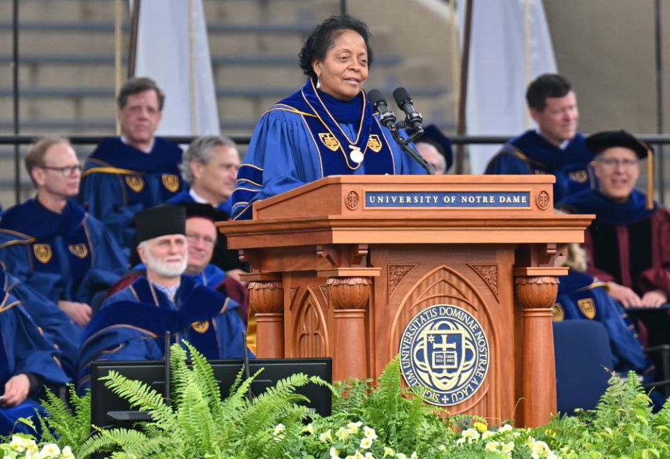 Sharon Lavigne speaks to graduates inside Notre Dame Stadium May 15 at the University of Notre Dame. (Courtesy of University of Notre Dame) Sharon Lavigne speaks to graduates inside Notre Dame Stadium May 15 at the University of Notre Dame. (Courtesy of University of Notre Dame)
