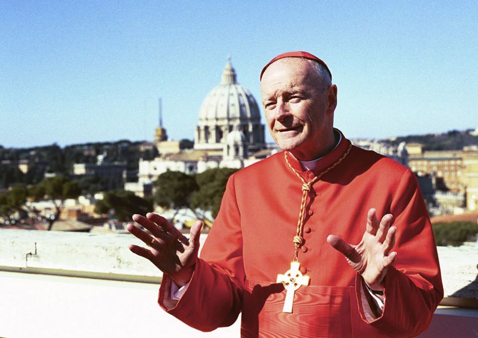 New Cardinal Theodore McCarrick addresses the media on the roof of the North American College in Rome following a consistory ceremony at the Vatican Feb. 21, 2001. McCarrick was among 44 new cardinals created by Pope John Paul II. (CNS/Carol Zimmermann) New Cardinal Theodore McCarrick addresses the media on the roof of the North American College in Rome following a consistory ceremony at the Vatican Feb. 21, 2001. McCarrick was among 44 new cardinals created by Pope John Paul II. (CNS/Carol Zimmermann)