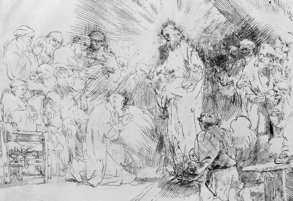 "Christ Appearing to the Apostles" (1656), Rembrandt van Rijn (Metropolitan Museum of Art) "Christ Appearing to the Apostles" (1656), Rembrandt van Rijn (Metropolitan Museum of Art)