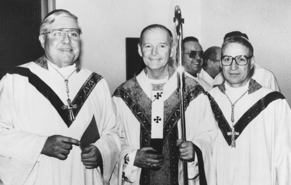Then-Archbishop Theodore McCarrick with Newark Auxiliary Bishops John Smith, left, and James McHugh, right, in 1988 (CNS/D.J. Zehnder)