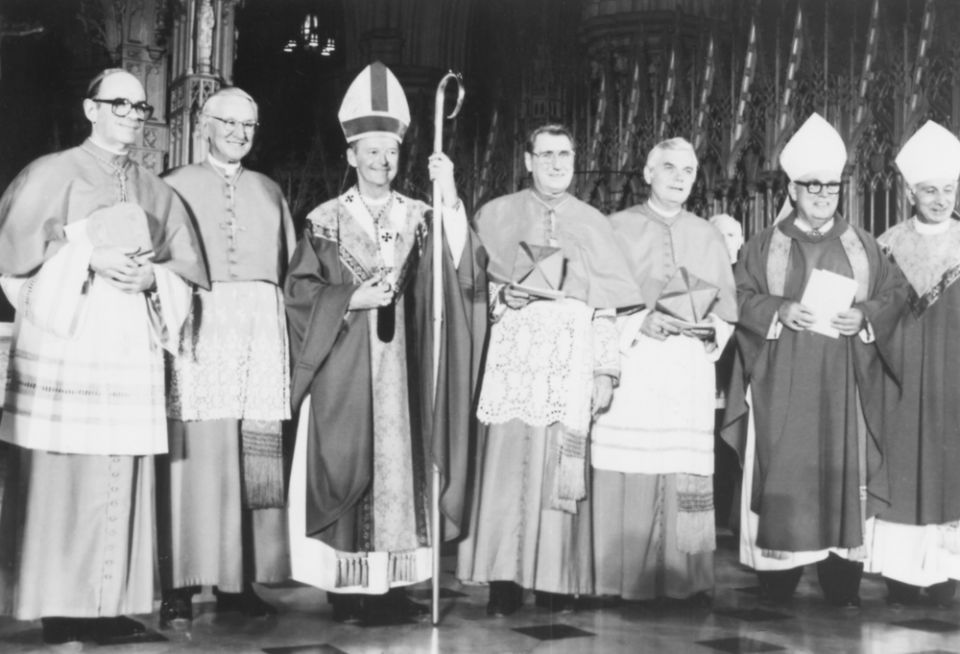 In 1986, following his installation as archbishop of Newark, New Jersey, Archbishop Theodore McCarrick is flanked by, from left, Chicago Cardinal Joseph Bernardin, Philadelphia Cardinal John Krol, New York Cardinal John O'Connor, Boston Cardinal Bernard L