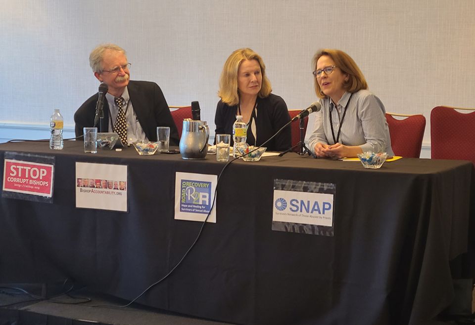 From left: Terence McKiernan, Margery Eagan, and Anne Barrett Doyle speak during a panel discussion at a June 4 conference in Quincy, Massachusetts, which was titled, "Pivot to the Future: Marking 20 Years of Confronting Clergy Sex Abuse." (NCR)