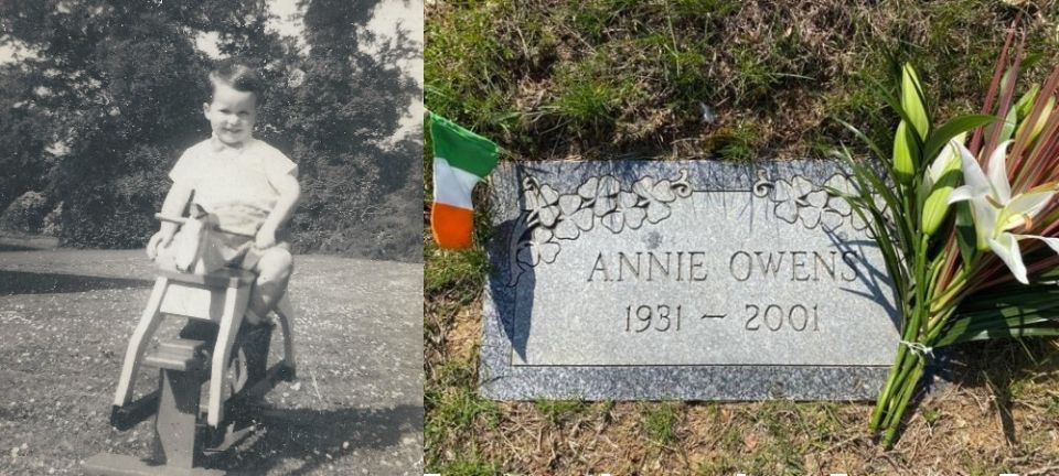 Left: Michael Byrne, aged 4, at the Temple Hill Orphanage in Dublin in 1961, the summer he left for the United States. Right: The grave in Philadelphia of Bryne’s biological mother, Annie Owens. (Photos courtesy of Michael Byrne)