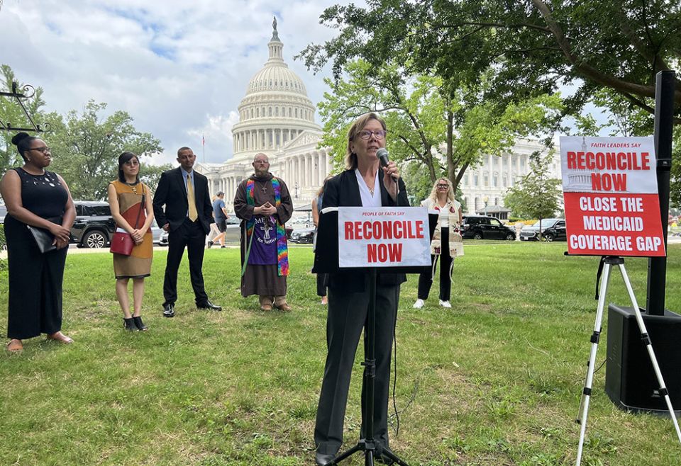 Mary Novak, executive director of Network Lobby for Catholic Social Justice, speaks July 27 during a faith leader rally on Capitol Hill urging lawmakers to pass an equitable and just budget reconciliation package. (Courtesy of Network)