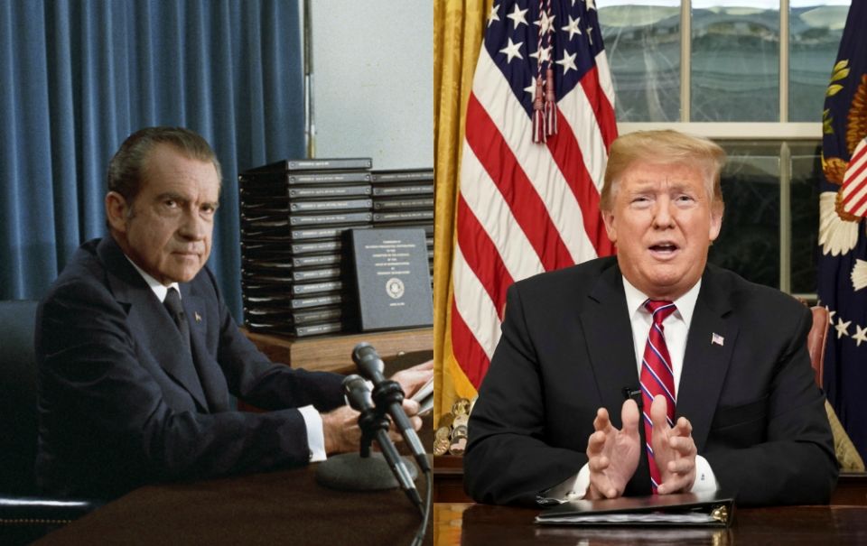 Left: President Richard Nixon in 1974 (Wikimedia Commons/National Archives & Records Administration). Right: President Donald Trump in 2019 (CNS/Reuters/Carlos Barria). Left: President Richard Nixon in 1974 (Wikimedia Commons/National Archives & Records Administration). Right: President Donald Trump in 2019 (CNS/Reuters/Carlos Barria).