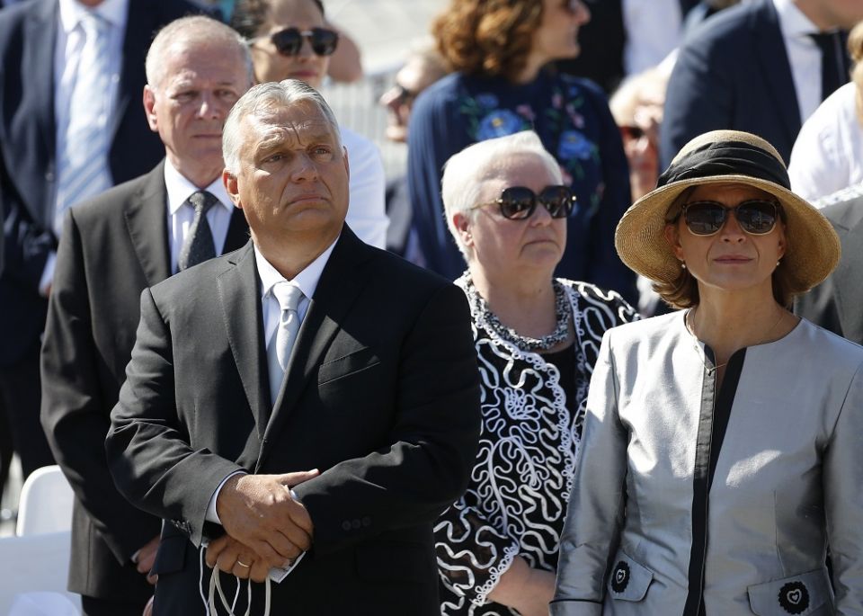 Hungarian Prime Minister Viktor Orbán and his wife, Anikó Lévai, are pictured before the start of Pope Francis' celebration of the closing Mass of the International Eucharistic Congress at Heroes' Square in Budapest, Hungary, Sept. 12, 2021.