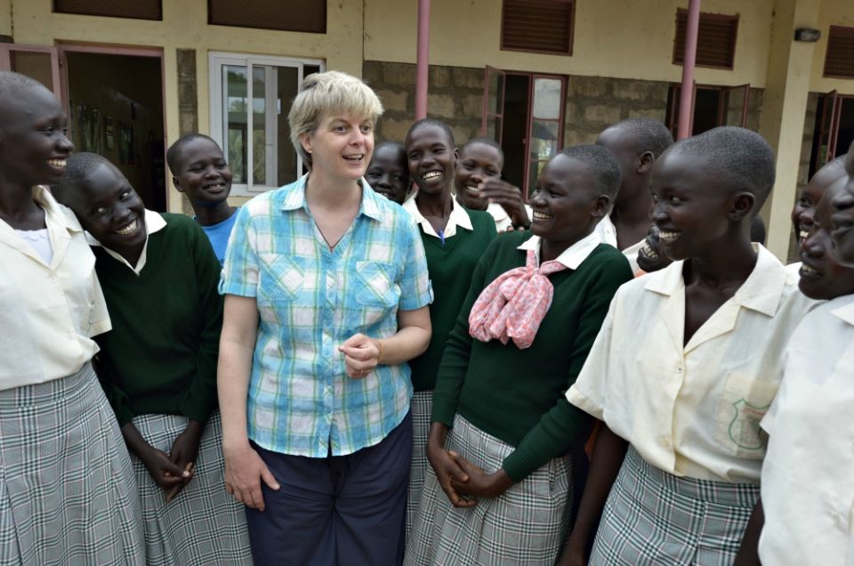 Loreto Sr. Orla Treacy talks with girls at the Loreto Secondary School in Rumbek, South Sudan.  Treacy is principal of the school, which is run by the Institute for the Blessed Virgin Mary — the Loreto Sisters — of Ireland. (Paul Jeffrey)