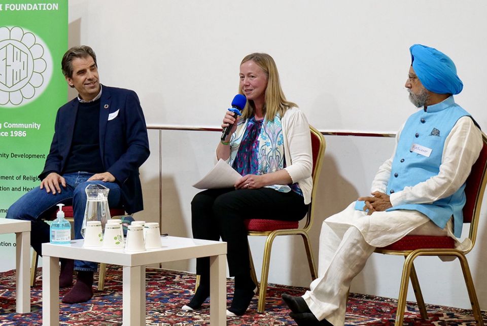 Lorna Gold, center, project lead of the FaithInvest Faith Plans program, speaks about the initiative at an event Nov. 7 in Glasgow, Scotland, during the COP26 U.N. climate change conference. (Courtesy of FaithInvest) Lorna Gold, center, project lead of the FaithInvest Faith Plans program, speaks about the initiative at an event Nov. 7 in Glasgow, Scotland, during the COP26 U.N. climate change conference. (Courtesy of FaithInvest)