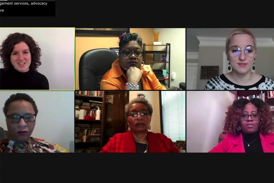 Participants in the Feb. 4, 2021, Georgetown dialogue on "Black Women and Criminal (In)justice." Top row: Anna Misleh of the Initiative on Catholic Social Thought and Public Life, Ashley McSwain of Community Family Life Services, and Haley Wierzbicki (C'2 Participants in the Feb. 4, 2021, Georgetown dialogue on "Black Women and Criminal (In)justice." Top row: Anna Misleh of the Initiative on Catholic Social Thought and Public Life, Ashley McSwain of Community Family Life Services, and Haley Wierzbicki (C'2
