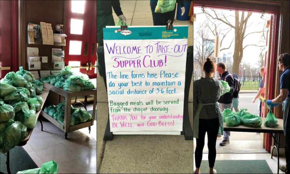 A notice informs community members that the Wednesday Supper Club services in the building have been suspended at the Paulist Center in Boston, as volunteers hand out takeaway meals. (Provided photos)