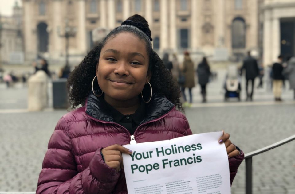 At the Vatican on Feb. 19, Genesis Butler shows the letter she wrote to Pope Francis asking him to adopt a vegan lifestyle during Lent. (Courtesy of Million Dollar Vegan) At the Vatican on Feb. 19, Genesis Butler shows the letter she wrote to Pope Francis asking him to adopt a vegan lifestyle during Lent. (Courtesy of Million Dollar Vegan)