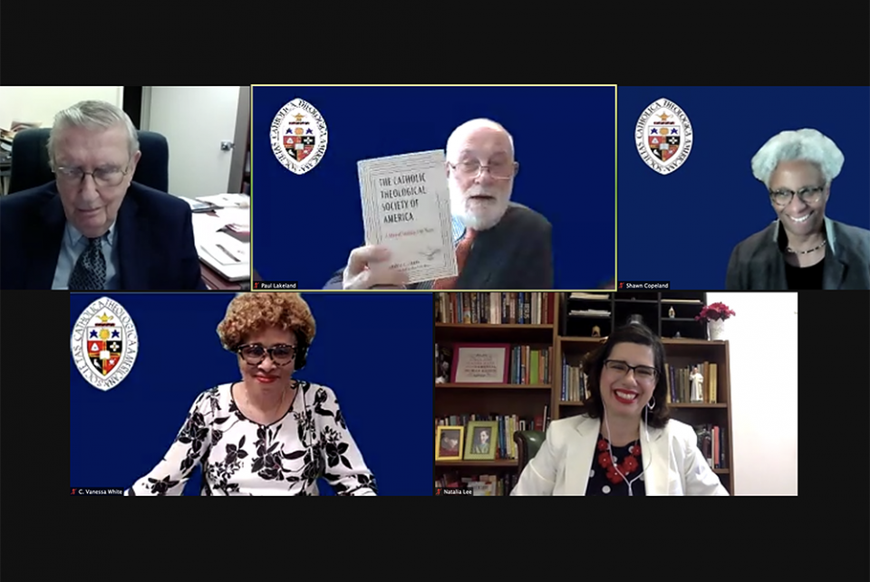 A panel discusses the 75-year history of the Catholic Theological Society of America on June 11 during the association's virtual conference, June 10-13. From top left, clockwise: Charles Curran, Paul Lakeland, M. Shawn Copeland, Natalia Imperatori-Lee and A panel discusses the 75-year history of the Catholic Theological Society of America on June 11 during the association's virtual conference, June 10-13. From top left, clockwise: Charles Curran, Paul Lakeland, M. Shawn Copeland, Natalia Imperatori-Lee and