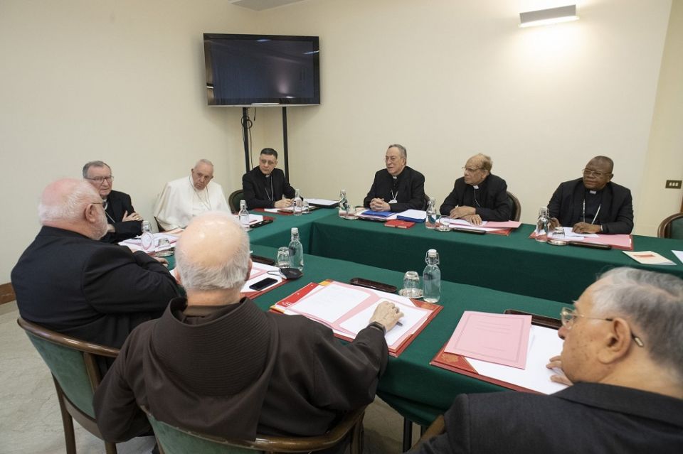 Pope Francis leads a meeting of his Council of Cardinals at the Vatican Feb. 21.