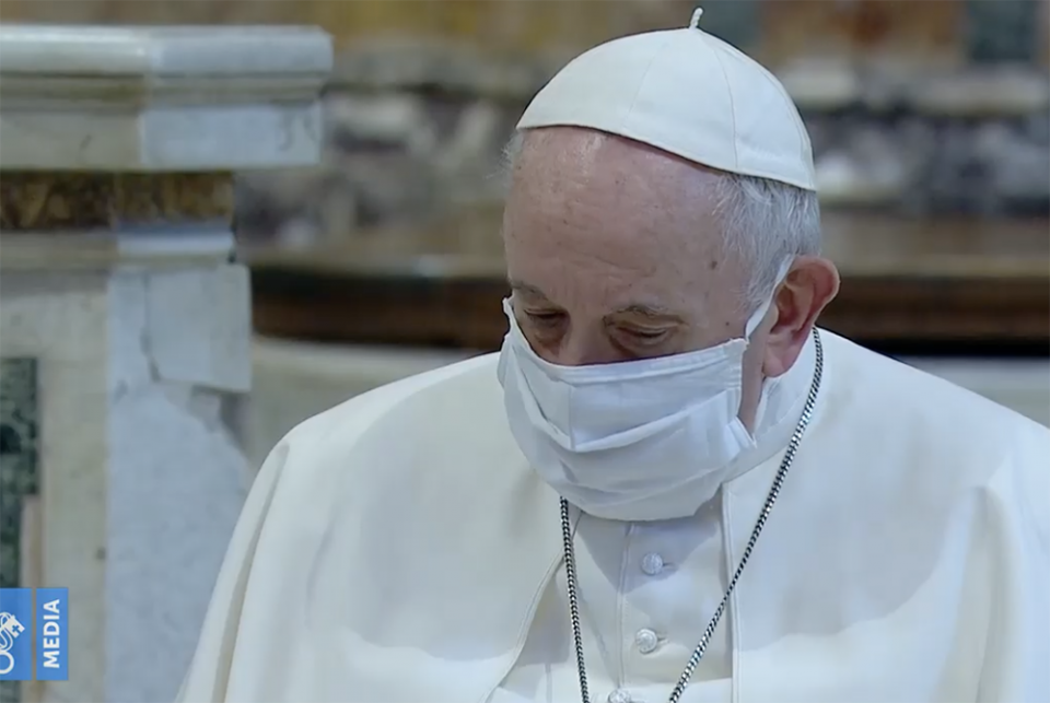 Pope Francis wearing a mask during the ecumenical service Oct. 20 in Rome (NCR screenshot/Vatican Media) Pope Francis wearing a mask during the ecumenical service Oct. 20 in Rome (NCR screenshot/Vatican Media)
